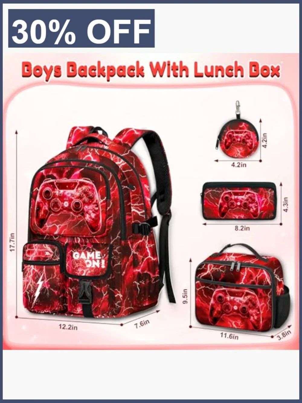 4-Piece Gamer Backpack Set with Lunch Box Pencil Case for School